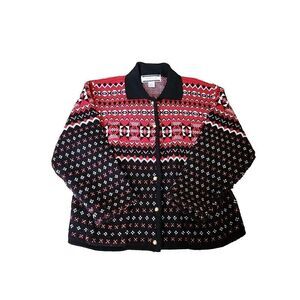 WOMEN'S DARK BLACK / RED Button CARDIGAN SWEATER - CRYSTAL KOBE - SIZE LARGE